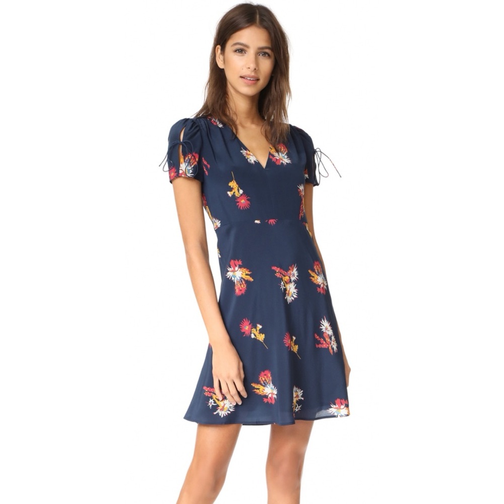 Madewell Silk Navy Blue V Neck Floral Mini Dress Ruffle Tie Flutter Sleeve